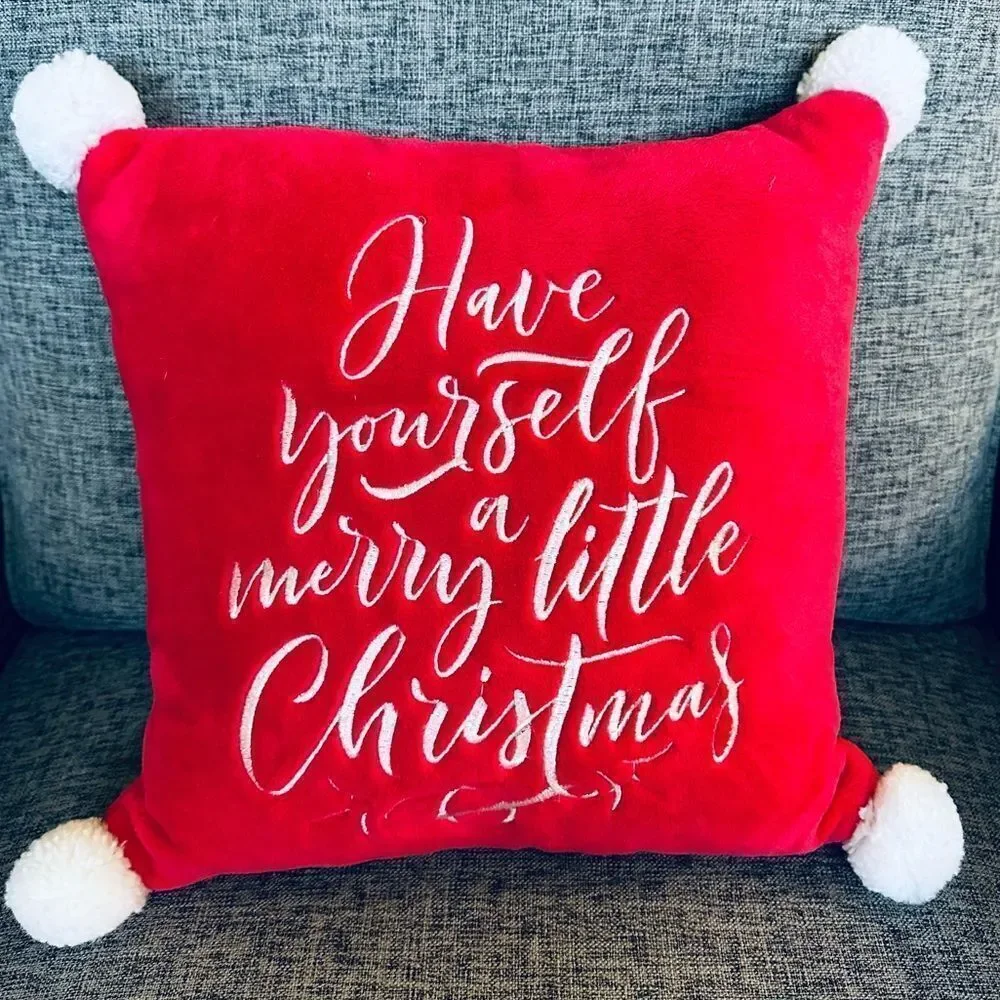 Merry Little Christmas Plush Red Holiday Throw Pillow